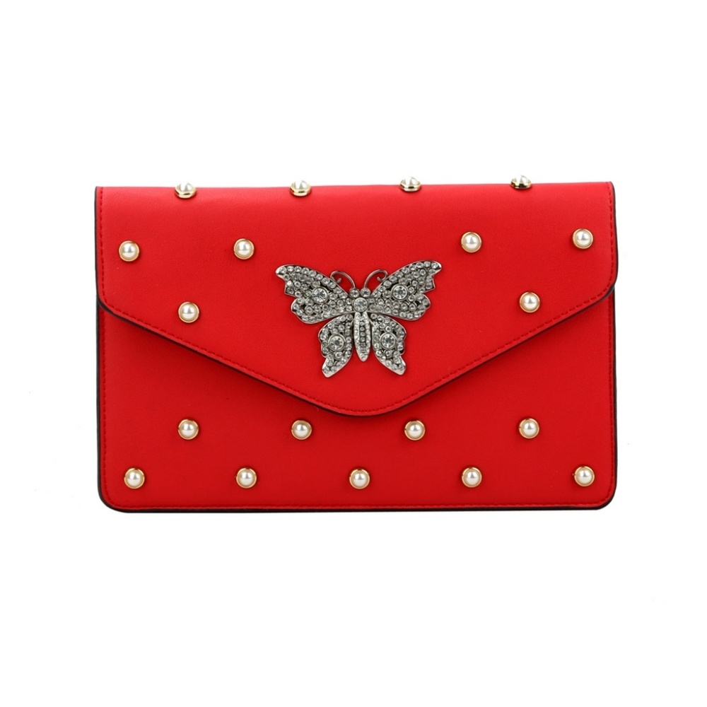 Pearl Studded Clutch w/Rhinestone Butterfly